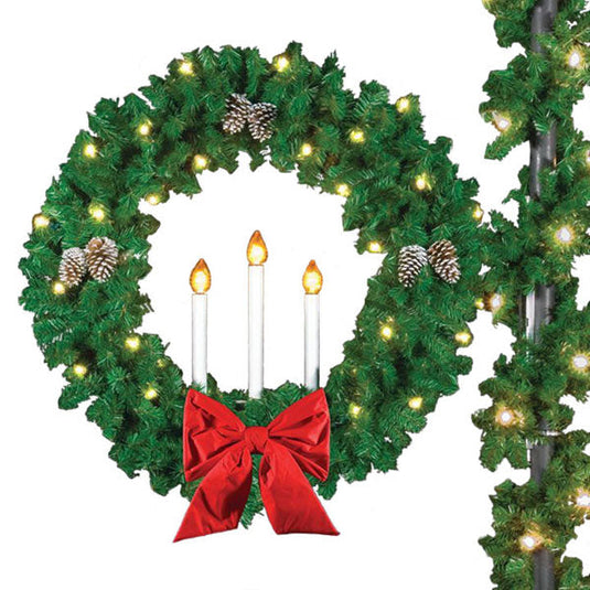 50 Inch Pole Mounted Triple Candle Lit Christmas Wreath