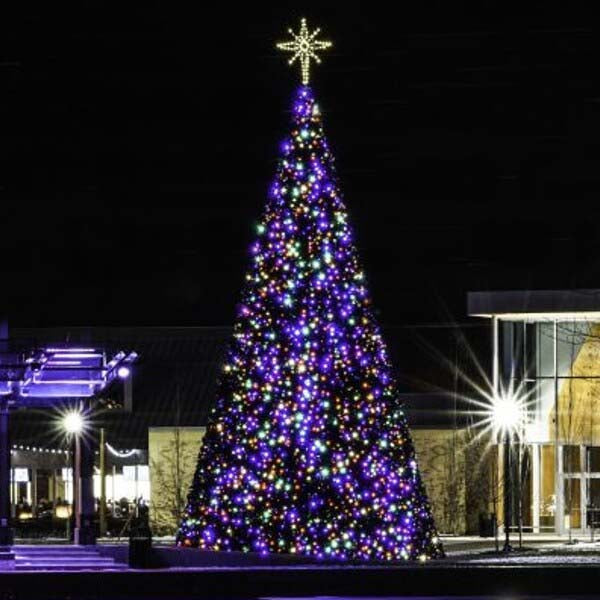 Giant decorated Christmas tree centerpiece at night.