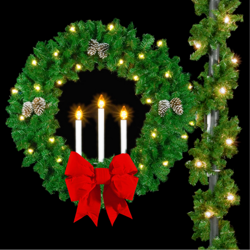 40 Inch Pole Mounted Christmas Candle Bow Wreath