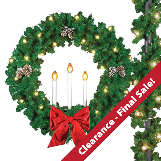 CLEARANCE - FINAL SALE! Pole Mounted Christmas Wreath with Bow - Lit & Unlit