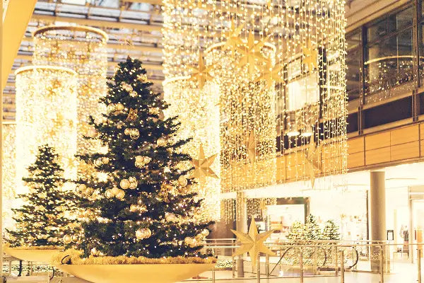 Shopping center wrapped in warm white commercial holiday lighting with Christmas trees


