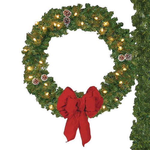 50 Inch Pole Mounted Christmas Wreath w/ Bow - Lighted